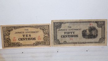 (2) WWII 1942-1945 Japanese Government- 10 & 50 Centavos 'Philippines'