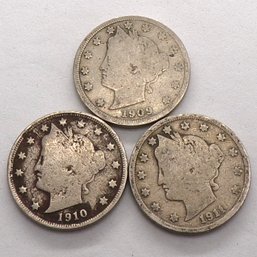 (3) Liberty Head V Nickels 1909, 1910 & 1911
