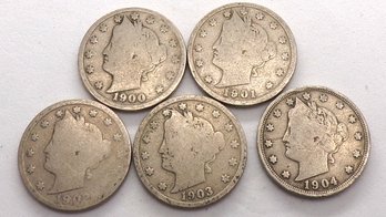 (5) Liberty Head V Nickels 1900 Thru 1904