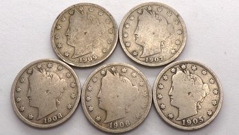 (5) Liberty Head V Nickels 1905 Thru 1909