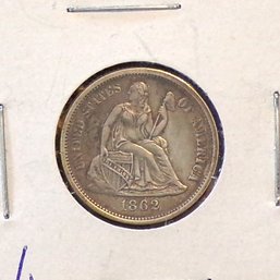 Beautiful (Closely Uncirculated) 1862 Seated Liberty Silver Dime ONLY 847,500 Minted
