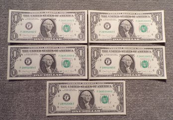 (5) Five Consecutive Serial Number 1988-A $1 Federal Reserve Notes Gem Crisp Uncirculated