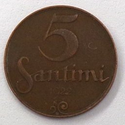 1922 Republic Of Latvia 5 Santimi (Scarce, Without Name Below Ribbon)