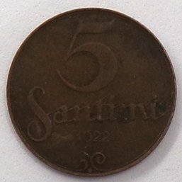 1922 Republic Of Latvia 5 Santimi (Scarce, Without Name Below Ribbon)