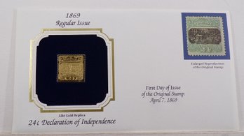 22kt Gold Replica 1869 (Regular Issue) 24C Declaration Of Independence Stamp W/Replica Of Original