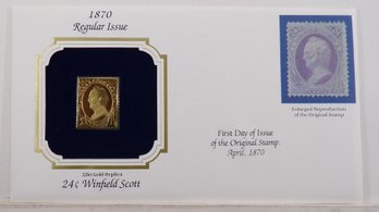 22kt Gold Replica 1870, 24C Winfield Scott Stamp Bearing Reproduction Of Original Stamp