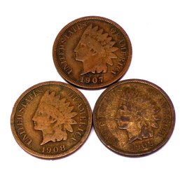 (3) Indian Head Cents 1907, 1908, 1909 (Full Liberty)