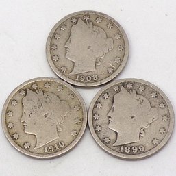 (3) Liberty Head V Nickels 1899, 1908 & 1910