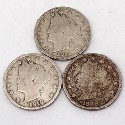 (3) Liberty Head V Nickels 1908, 1910 & 1911