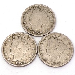 (3) Liberty Head V Nickels 1907, 1908 & 1909 (Most Liberty)
