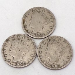 (3) Liberty Head V Nickels 1905, 1906 (Most Liberty) & 1907