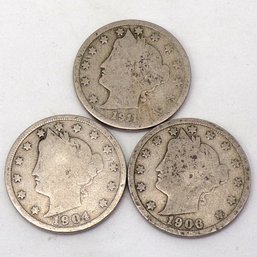 (3) Liberty Head V Nickels 1904, 1906 & 1911
