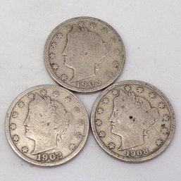 (3) Liberty Head V Nickels 1902, 1905 & 1908