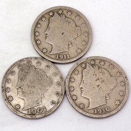(3) Liberty Head V Nickels 1901, 1910 & 1911
