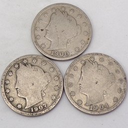 (3) Liberty Head V Nickels 1900, 1904 & 1907