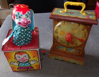 Vintage Childrens Toys, 'Jack' In The Box & 'Learn To Tell Time' Fisher Price Musical Tick-Tock Clock