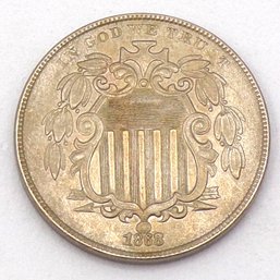 RARE-MAJOR ERROR, Struck Thru Obv, Missing 'S' In TRUST, 1868 Shield Nickel GEM BU With Original Luster