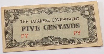 WWII 1942-1945 Japanese Government-5 Centavos 'Philippines'