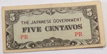 WWII 1942-1945 Japanese Government-5 Centavos 'Philippines'