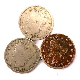 (3) Liberty Head V Nickels 1901, 1910 & 1911