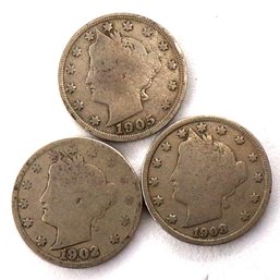 (3) Liberty Head V Nickels 1902, 1905 & 1908