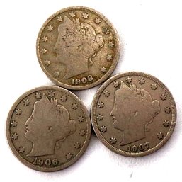 (3) Liberty Head V Nickels 1906, 1907 & 1908