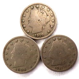 (3) Liberty Head V Nickels 1906, 1910 & 1911