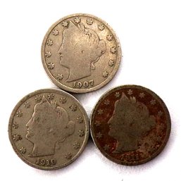 (3) Liberty Head V Nickels 1907, 1910 & 1911