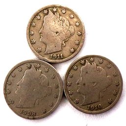 (3) Liberty Head V Nickels 1908, 1910 & 1911
