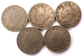 (5) Liberty Head V Nickels 1906, 1907, 1908, 1910 & 1911