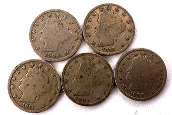 (5) Liberty Head V Nickels 1906, 1907, 1908, 1910 & 1911