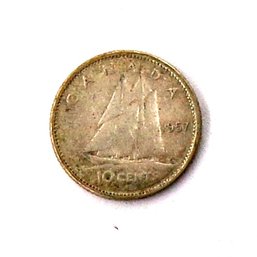 Two Foreign Coins, 1957 Canada Silver Dime & One Yet To Be Identified