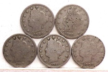 (5) Liberty Head V Nickels 1902, 1903, 1904, 1910 & 1911