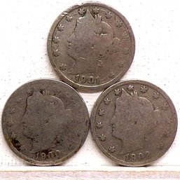 (3) Liberty Head V Nickels 1900, 1901 & 1902