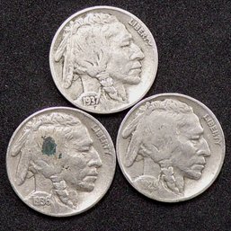 (3) Buffalo Nickels 1929, 1936 & 1937