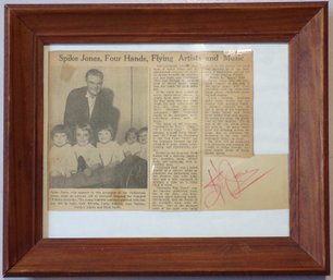 Autographed Spike Jones Vintage Framed Newspaper Article - Shriners Hospital For Crippled Children
