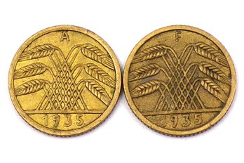 (Two Coins)1935-A & 1935-F Germany - Weimar Republic, 5 Reichspfennig (KM# 39)