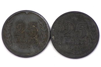 Two (2) Netherlands 25 Cents, 1941 & 1942 (KM# 174)