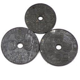 (3) Belgium Coins Two-1946 25 Centimes KM# 132, One-1944 10 Centimes KM# 126 Legend In Dutch (BELGIE-BELGIQUE)