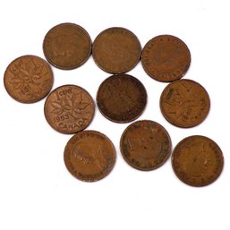 Lot Of 10 Canadian Cents 1920-1953, Various Values & Grades UNSEARCHED (See Pictures)