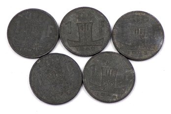 Five (5) Belgium 1 Franc Coins, 1942, 1943 & 1944 (KM# 128) Legend In Dutch (BELGIE-BELGIQUE)
