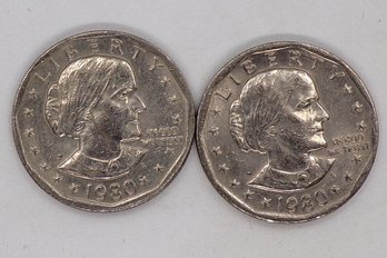 ERROR (Filled P) Two (2) 1980-P Susan B. Anthony Dollar Closely Uncirculated