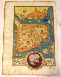 Ottoman-Style Illuminated Manuscript Map Of Constantinople - Walled Istanbul City View W/Sultan Portrait