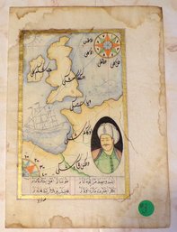 Ottoman-Style Illuminated Manuscript Map Of British Isles - Islamic Art Miniature Painting W/ Sultan Portrait