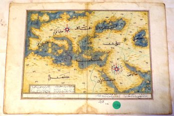 Ottoman-Style Hand-Painted Mediterranean Portolan Chart Illuminated Manuscript Sea Map W/ Arabic Script