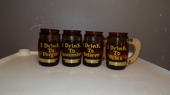 Four Vintage Comical Saying, Brown Glass 'I Drink To ...' Mugs, Like New