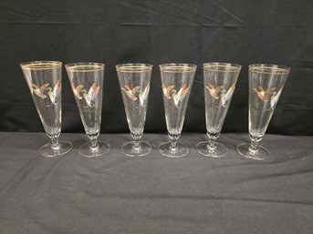 (6) Vintage Ned Smith Waterfowl Footed Pilsner Glasses