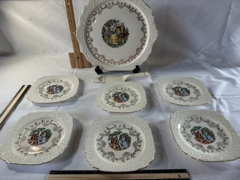 Vintage Victorian Courting Couple 22 Kt Gold Leaf Scalloped Edge Cake Serving Set