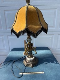 Vintage 1960's Table Lamp Cherub Crystal Marble Original Fringed Shade