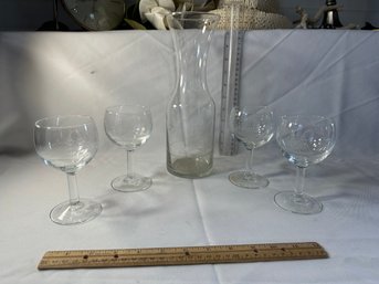 Vintage Etched Sailing Ship Glass Hand Cut Crystal Carafe And 4 Glasses
